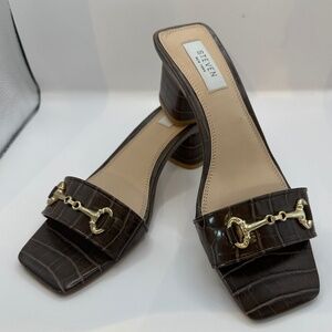 Steven by Steve Madden Brown Croc-Embossed Block Heel Slide Sandals